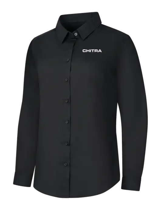 Womens Black Long Sleeve Carefree Poplin Shirt w/Chitra Logo
