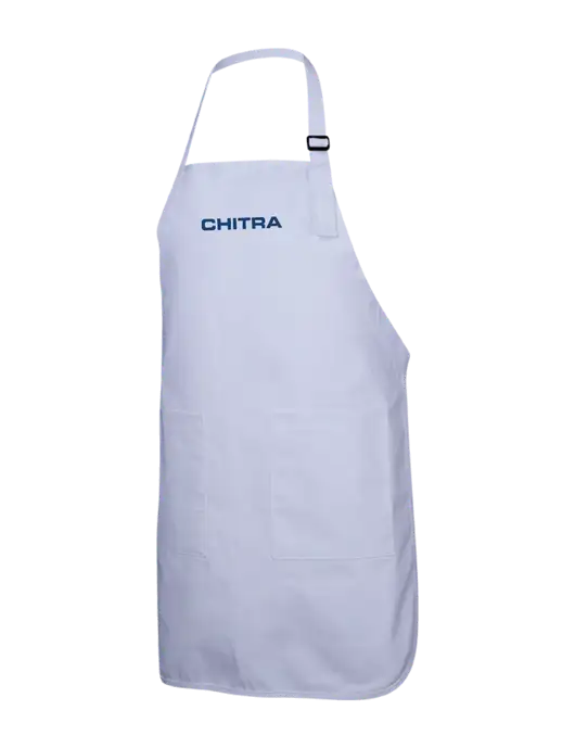 Full-Length White Apron With Pockets w/Chitra Logo