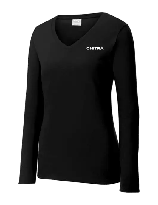 Womens V-Neck Ring Spun Jet Black 4.5 oz Long Sleeve T-Shirt w/Chitra Logo