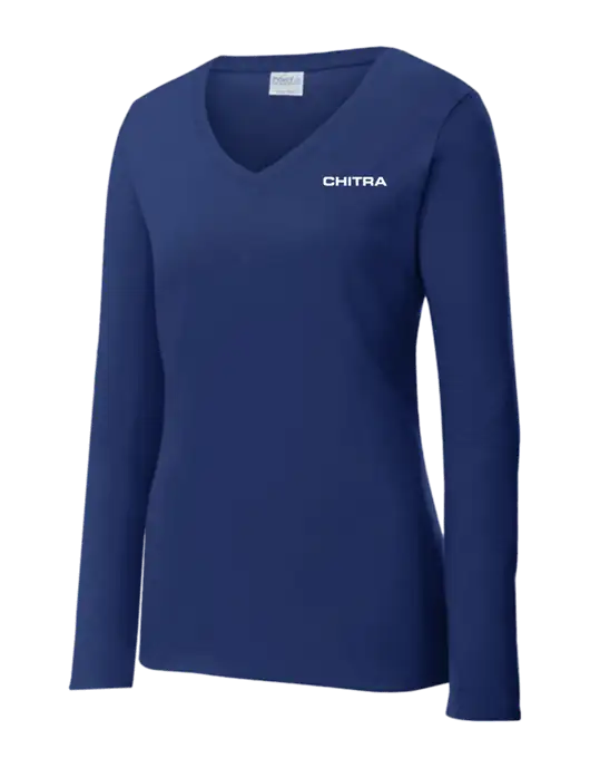 Womens  V-Neck Ring Spun Navy 4.5 oz Long Sleeve T-Shirt w/Chitra Logo