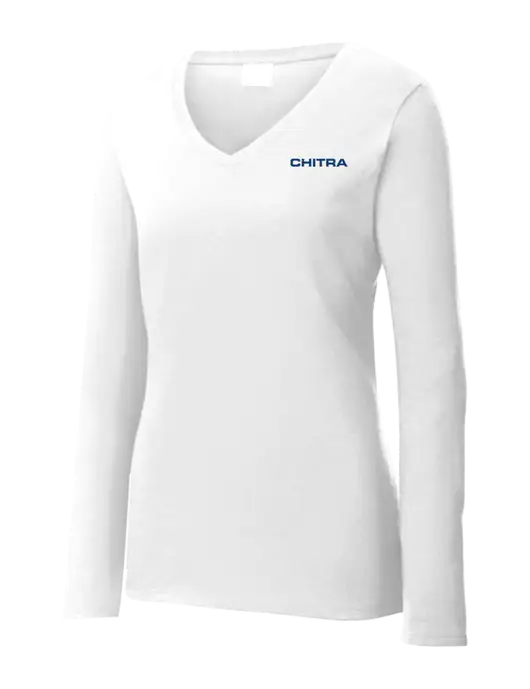 Womens  V-Neck Ring Spun White 4.5 oz Long Sleeve T-Shirt w/Chitra Logo