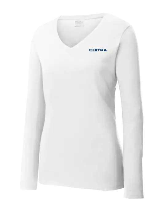 Womens  V-Neck Ring Spun White 4.5 oz Long Sleeve T-Shirt w/Chitra Logo
