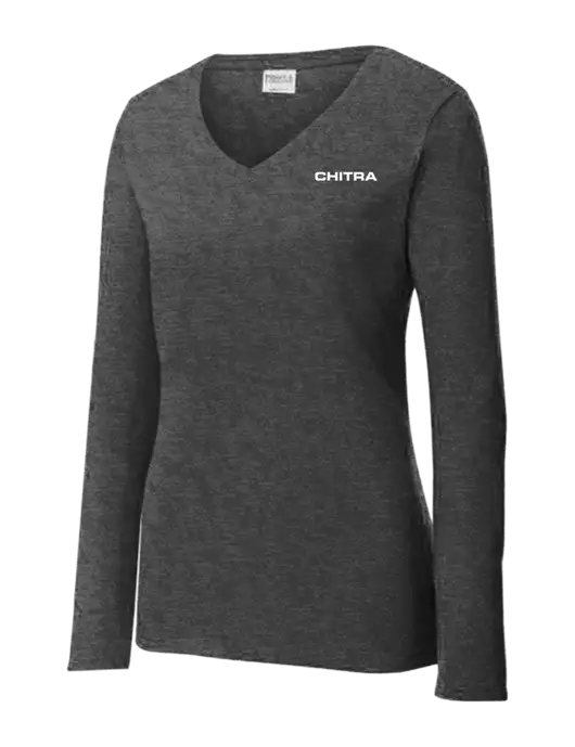 Womens  V-Neck Ring Spun Dark Heather Grey 4.5 oz Long Sleeve T-Shirt w/Chitra Logo