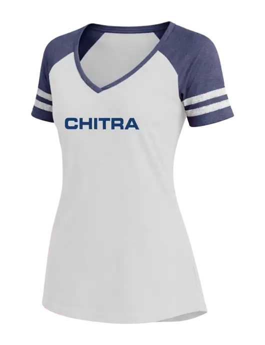 Womens White/Navy Heather V-Neck Game Tee w/Chitra Logo