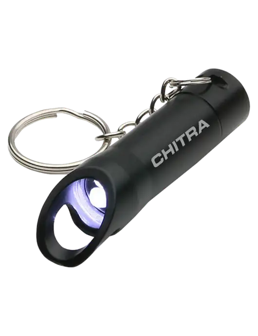 Black Pocket LED Flashlight with Bottle Opener & Keychain w/Chitra Logo