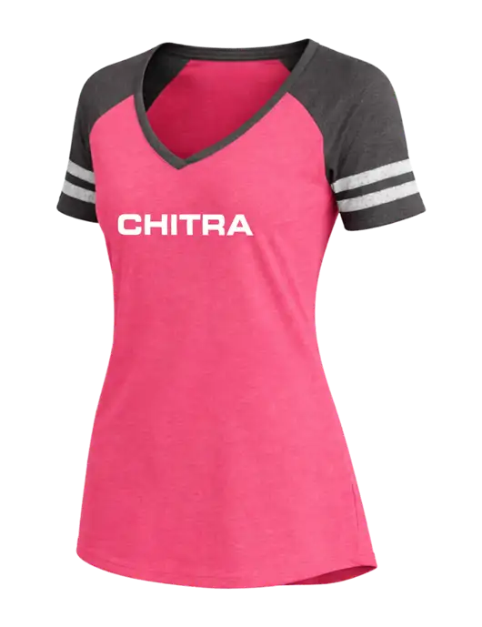 Womens Fucia Heather/Charcoal Heather V-Neck Game Tee w/Chitra Logo