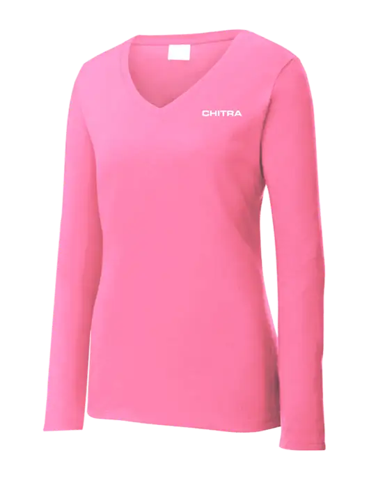 Womens  V-Neck Ring Spun Pink 4.5 oz Long Sleeve T-Shirt w/Chitra Logo